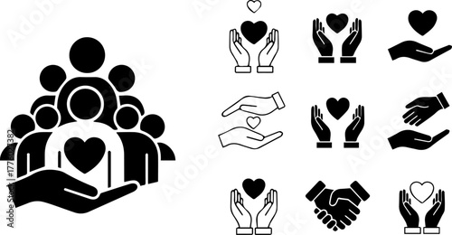 Charity support hands heart icons set.