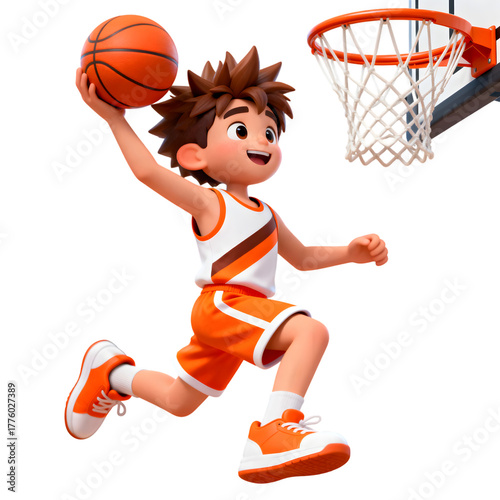 Boy basketball player soaring toward the hoop for a slam dunk, energetic 3D cartoon character, isolated on transparent background