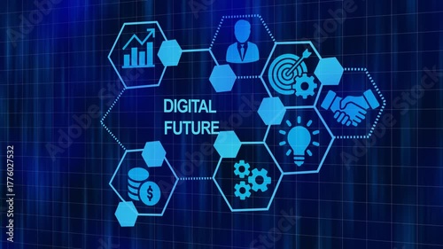 Digital future concept represented with business icons and technology on gradient blue