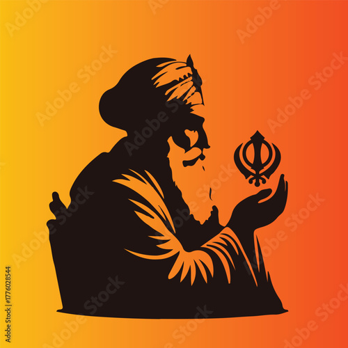 Silhouette of Sikh Guru Holding Khanda Symbol on Orange Gradient Background – Sikhism Religious Vector Illustration