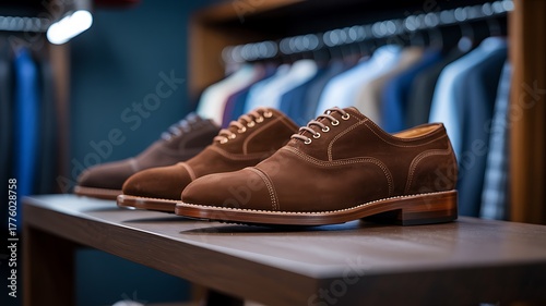 Three brown suede oxford shoes lined up on a wooden shelf in a store footwear High Quality Creative Image for Modern Digital Design