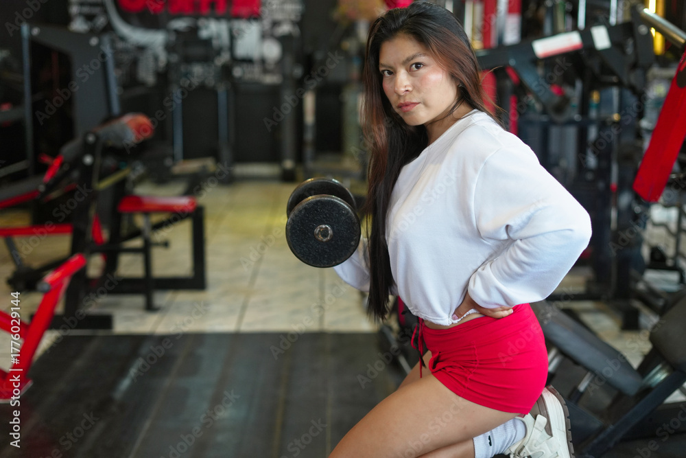 Fototapeta premium Asian woman doing dumbbell bicep curl workout in gym
