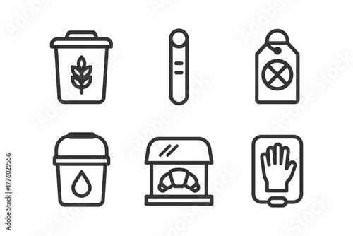 Food and safety icons: trash bin, test tube, pesticide, water container, bakery, hygiene.
