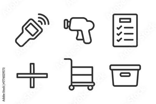 Warehouse icons: scanner, raygun, checklist, add, cart, storage box.
