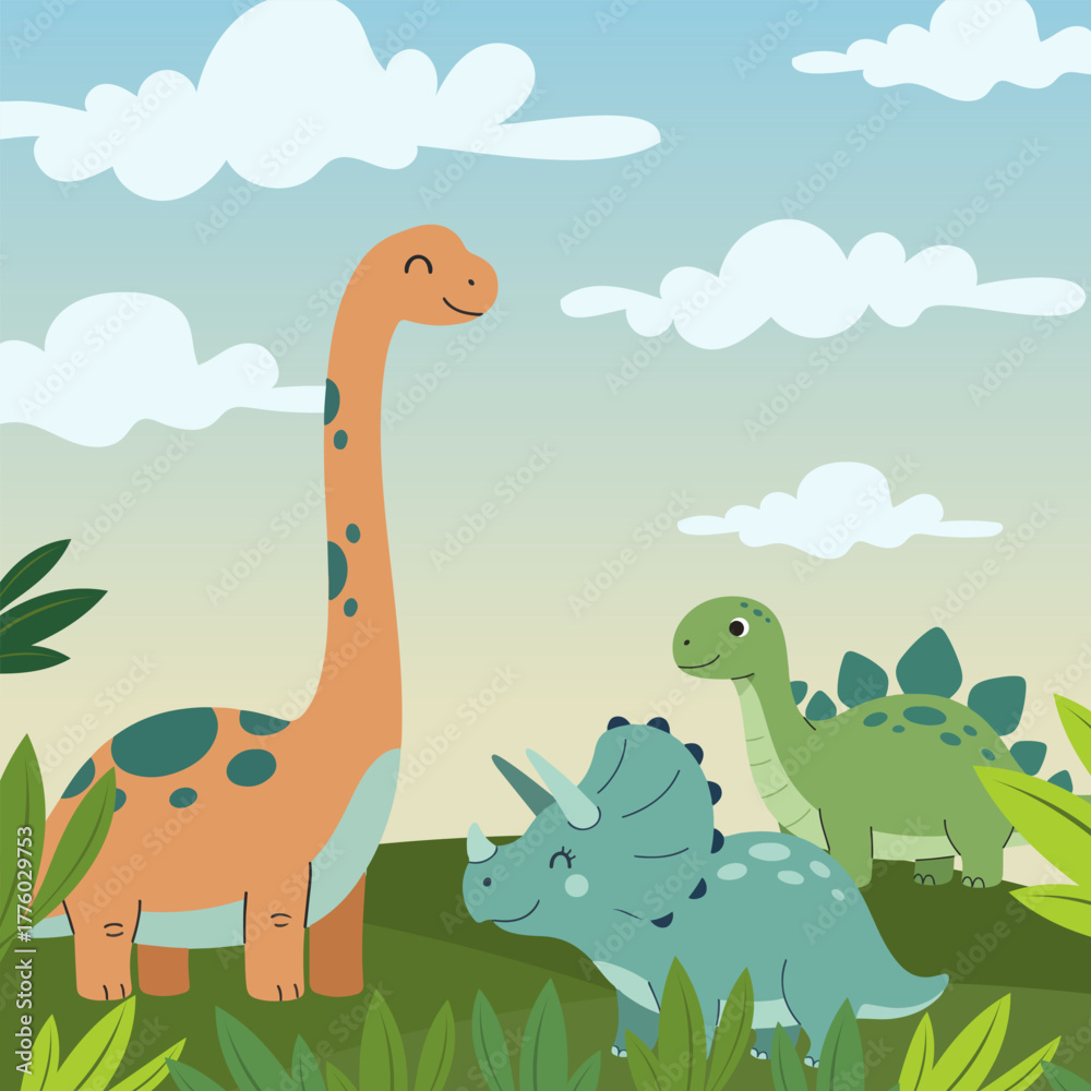Naklejka premium Cute cartoon dinosaurs in a prehistoric landscape with a long-necked brachiosaurus, a triceratops, and a stegosaurus under a cloudy sky.