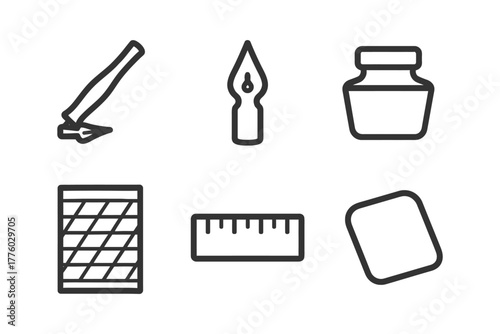 Set of stationery icons: pen nib, ink bottle, ruler, eraser, paper, and brush.