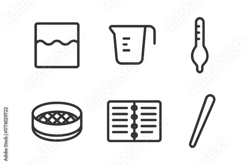 Minimalist culinary icons collection: measuring, cooking, and baking tools.