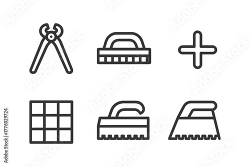 Minimalist line art icons of hand tools and symbols for construction projects.