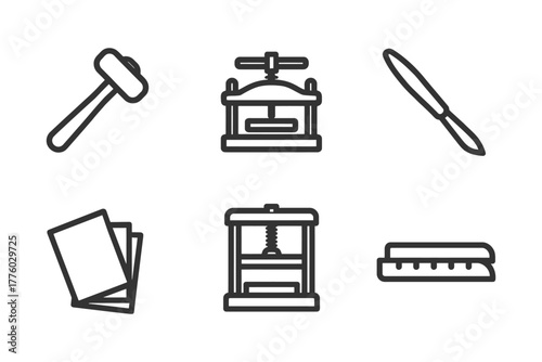 Outline icons of craft tools: hammer, press, knife, ruler, paper sheets in black and white.