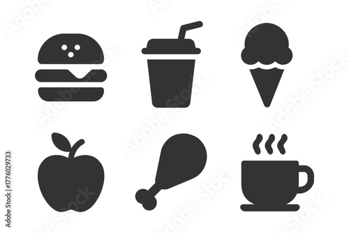 Set of six food and drink icons: burger, drink, ice cream, apple, chicken leg, coffee cup.