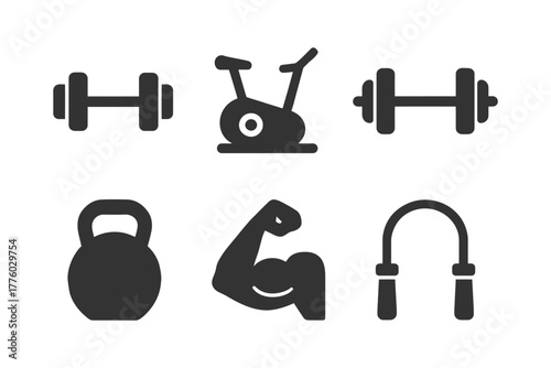 Fitness equipment icons: dumbbell, exercise bike, kettlebell, flexing arm, jump rope.
