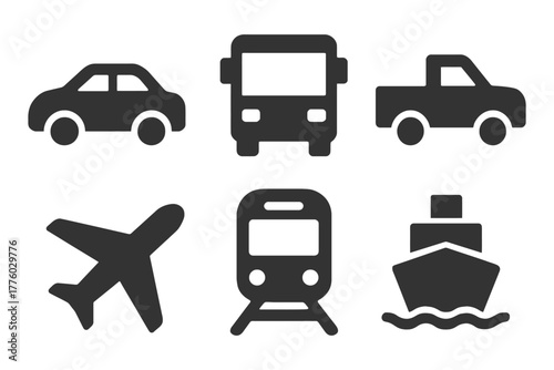 Silhouette icons of car, bus, truck, airplane, train, and boat for transportation themes.