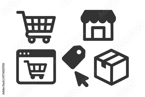 E-commerce and online shopping icons: cart, storefront, tag, package.