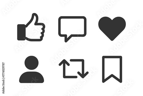Social media icons set: thumbs up, chat bubble, heart, person, repost, bookmark.