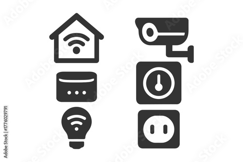Smart home technology icons: wi-fi, security camera, smart devices, automation symbols.