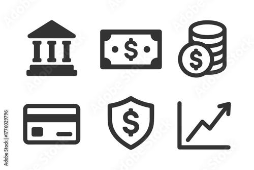 Financial icon set: bank, money, coins, credit card, shield, graph.