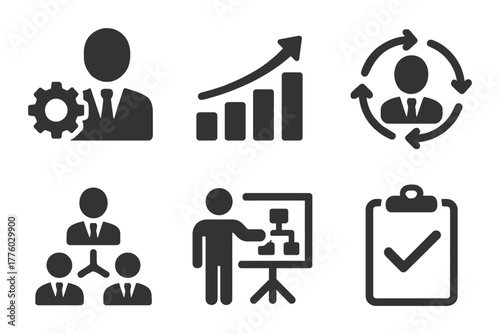 Business icons set: growth, management, teamwork, presentation, checklist.