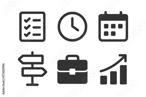 Checklist, clock, calendar, direction sign, briefcase, growth chart icons.