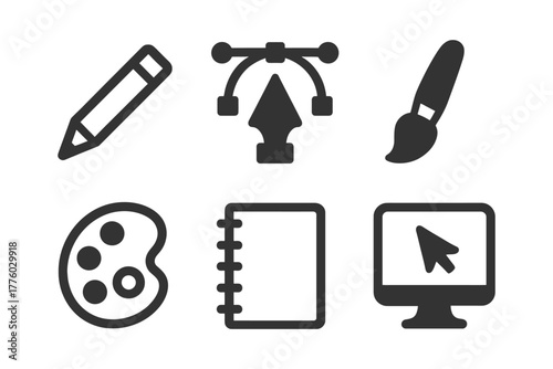 Icon set of design tools featuring pencil, vector, brush, palette, notebook, and monitor.