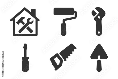 Home repair tools icons: hammer, roller, wrench, screwdriver, saw, trowel.