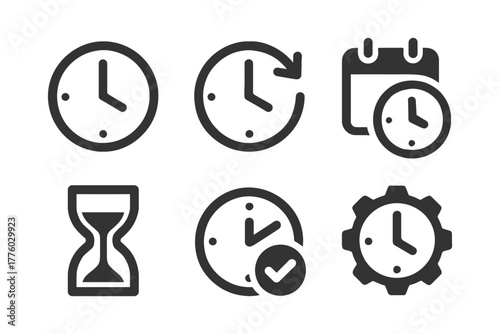 Clock icons set: time, calendar, hourglass, gear.