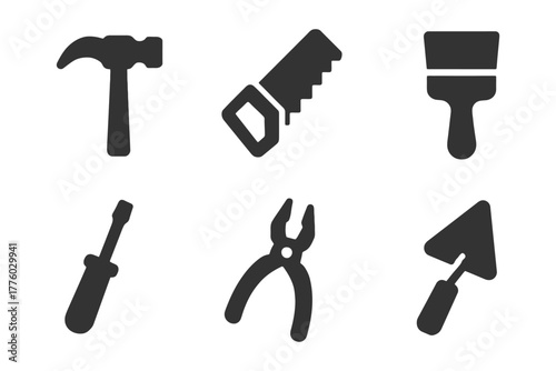 Silhouette of construction tools: hammer, saw, paintbrush, screwdriver, pliers, trowel.