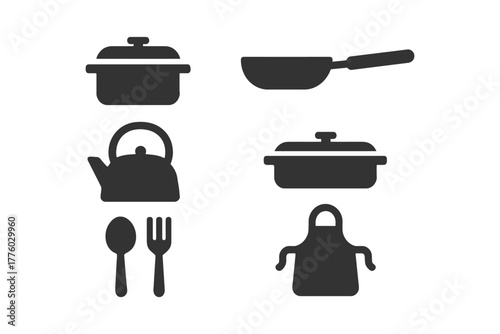 Kitchenware icons: pot, pan, kettle, utensils, apron silhouettes.