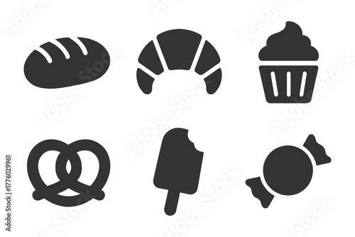 Assorted bakery and sweets icons: bread, croissant, cupcake, pretzel, ice cream, candy.