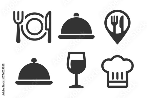Dining icons: kitchen tools and food symbols collection.