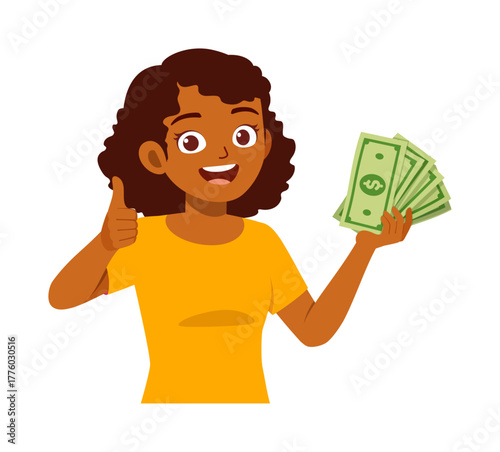 African American Woman Holding Money and Giving Thumbs Up with Happy Expression