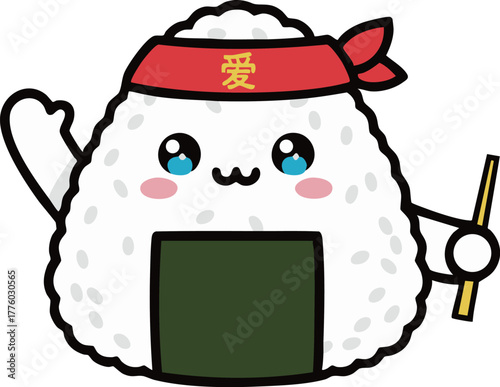 MinimalFlatDesign KawaiiOnigiri Character withHachimaki andChopsticks -ミニマルフラットデザイン カワイイおにぎりキャラクターとハチマキと箸