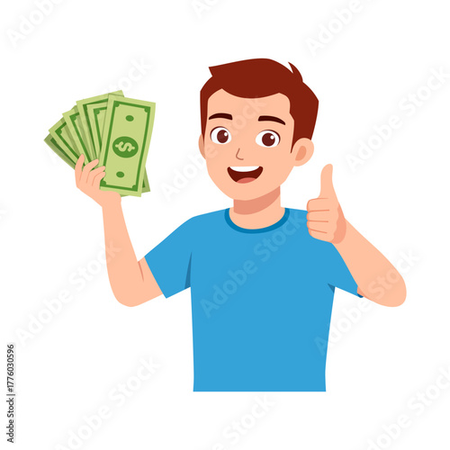 Happy Young Man Holding Money and Giving Thumbs Up Gesture Isolated on White Background