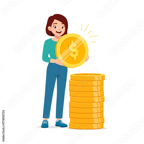Smiling Young Woman Holding Coin Standing Beside Stack of Coins Saving Money Concept Illustration