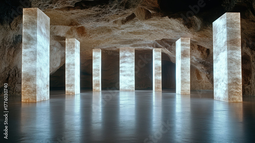 Translucent stone columns glowing in cavernous space create mesmerizing atmosphere