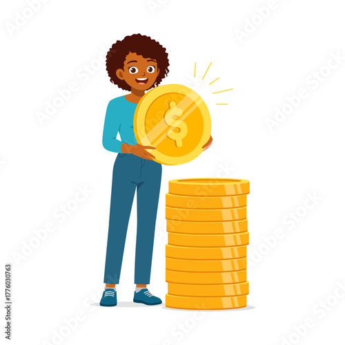 Smiling African American woman putting gold dollar coin on stack saving money earning investment