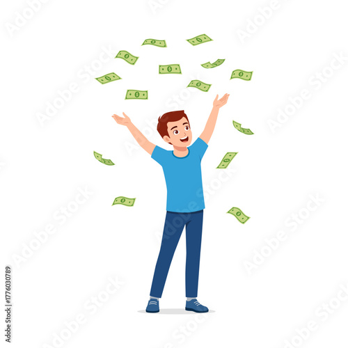 Happy Young Man Throws Money in the Air in Celebration with Blue Outfit Illustration