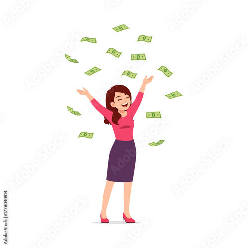 Happy Caucasian Woman with Arms Raised in Celebration as Money Falls Down on Her