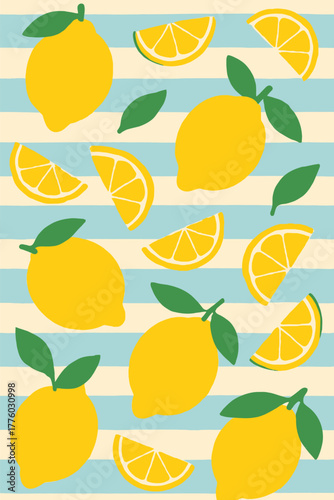 Fresh lemons and lemon slices arranged on a blue and cream striped background creating a vibrant pattern