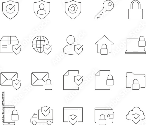 Collection of editable security line icons featuring diverse icons for protection safety and surveillance concepts with customizable stroke weights