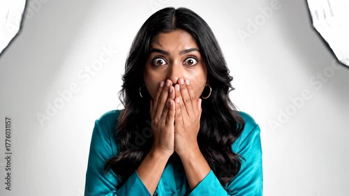 Woman with hands over mouth looking shocked and surprised.