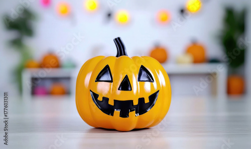 Halloween pumpkin orange jack o lantern smiling face festive decoration autumn spooky cheerful indoor party blurred background seasonal