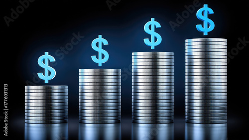 Stacks of silver coin blue dollar sign symbol, financial growth concept, investment success, increasing wealth, business strategy, glowing effect, dark background
