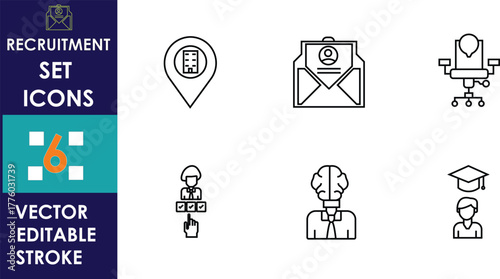 Minimalist recruitment icon set showing job-related symbols including envelope, location pin, chair, employee, recruiter, and graduate cap. Clean line-style vector for business, HR, and hiring themes