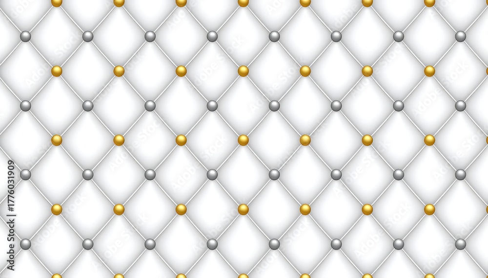 Obraz premium Seamless white quilted pattern with gold and silver buttons, creating a luxurious and elegant upholstered texture effect