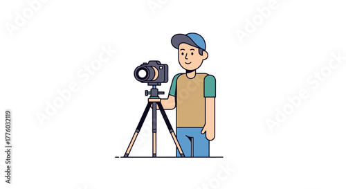 Cartoon Photographer with Camera on Tripod