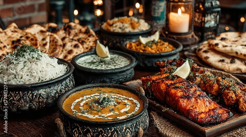 Various indian dishes served in bowls and on a platter on a table.