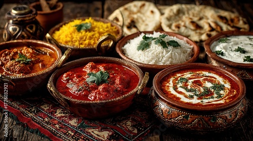 Assortment of indian food dishes including curry rice and bread on a table.