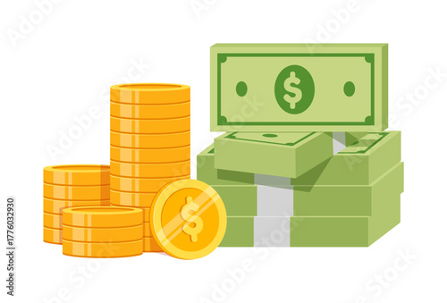Stack of Coins and Stack of Money Finance and Savings Illustration
