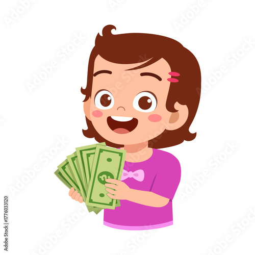 Happy Young Girl Holding Money and Smiling Isolated on White Background Illustration