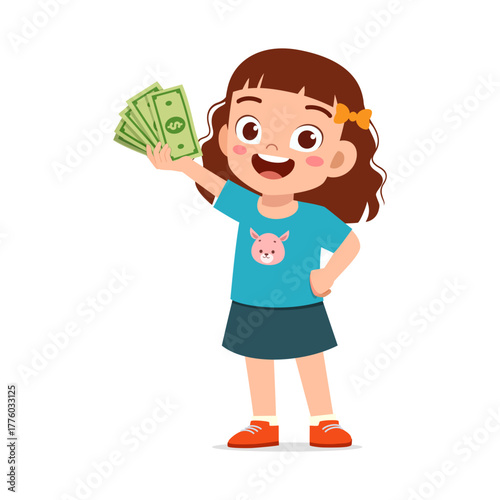 Happy Little Girl Holding Money Cartoon Illustration Child with Smiling Face